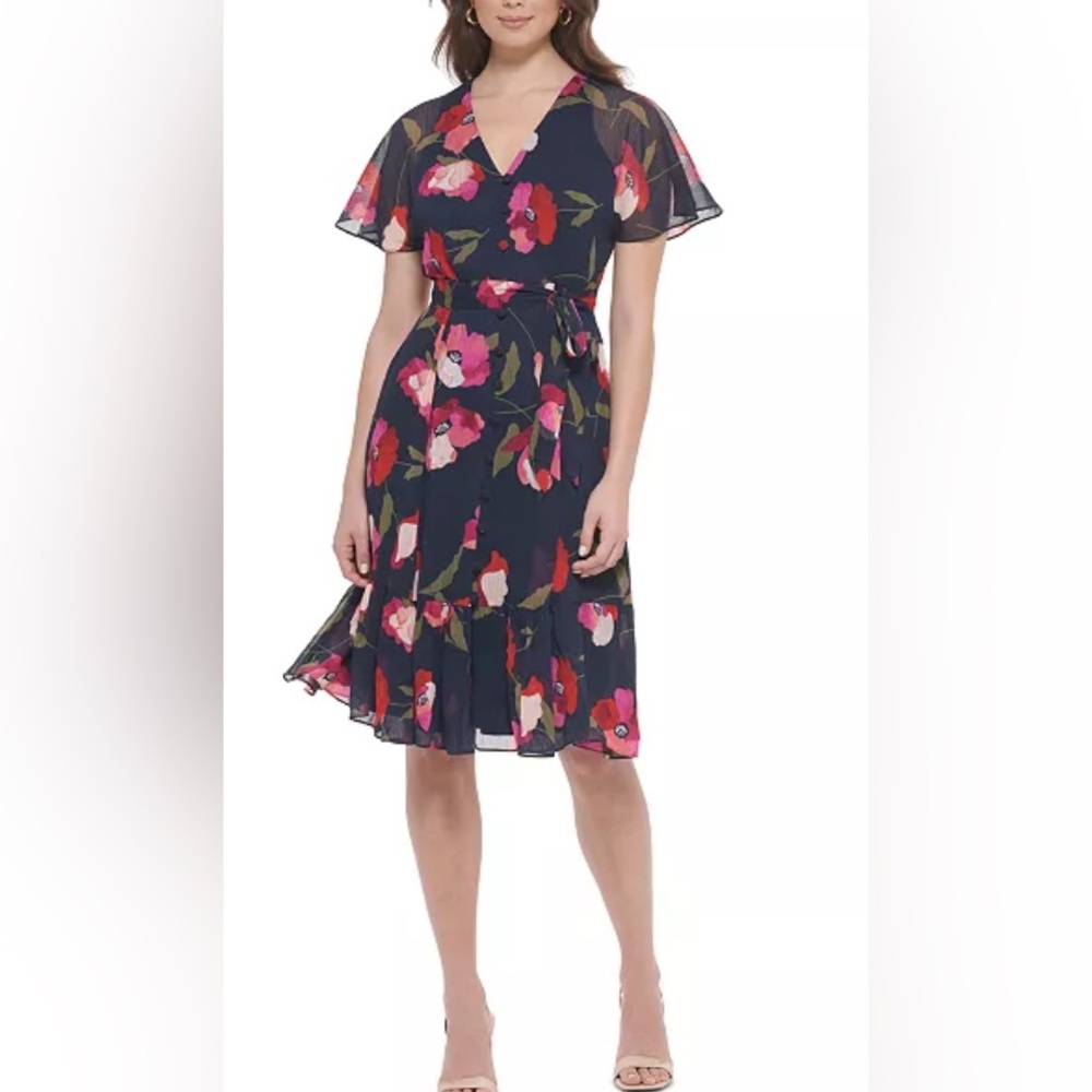 CALVIN KLEIN Chiffon Flutter Arm Dress